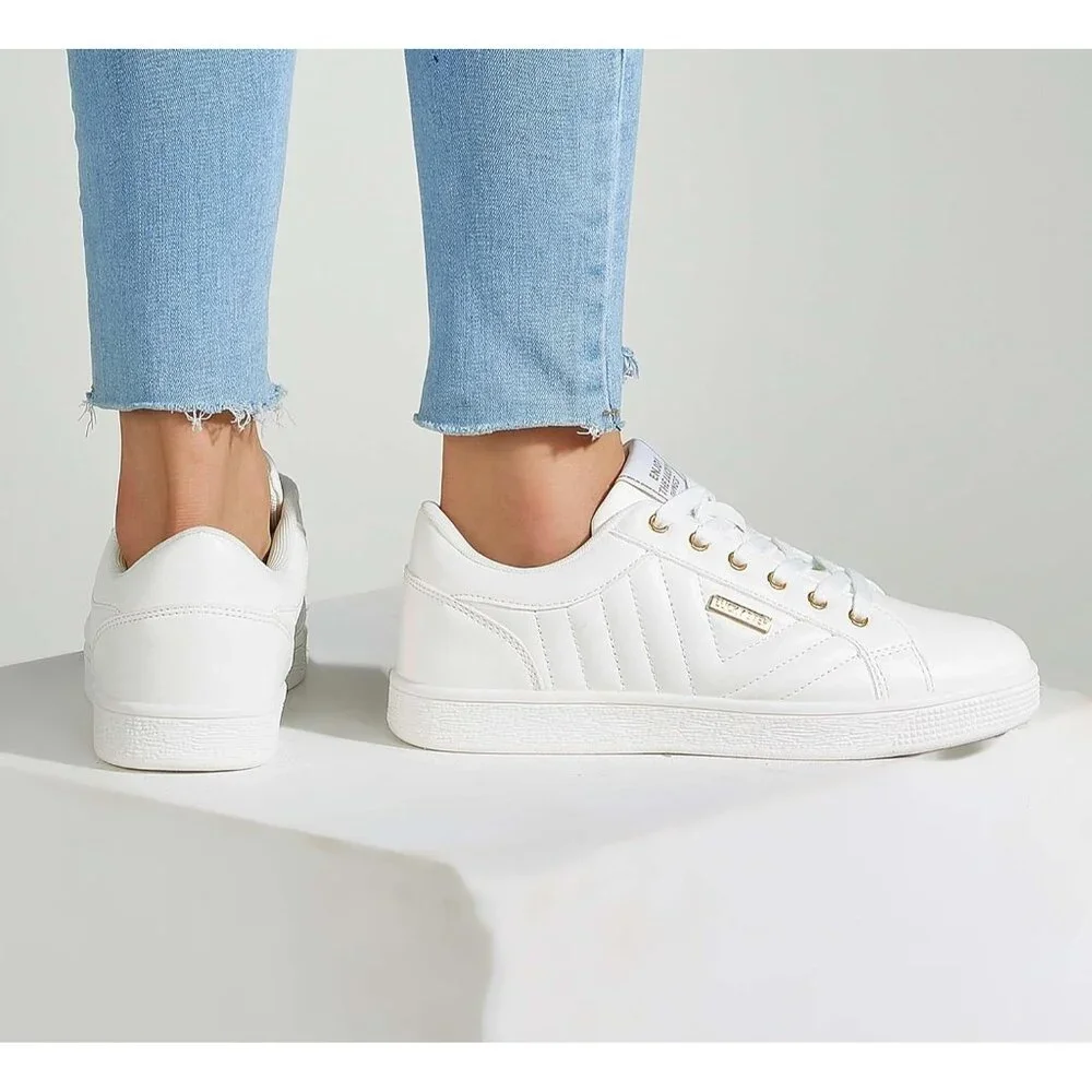 Women's White PU Glitter Shoes Sparkly Bling Shiny Bedazzled Lace Up Sneaker - Picture 7 of 9